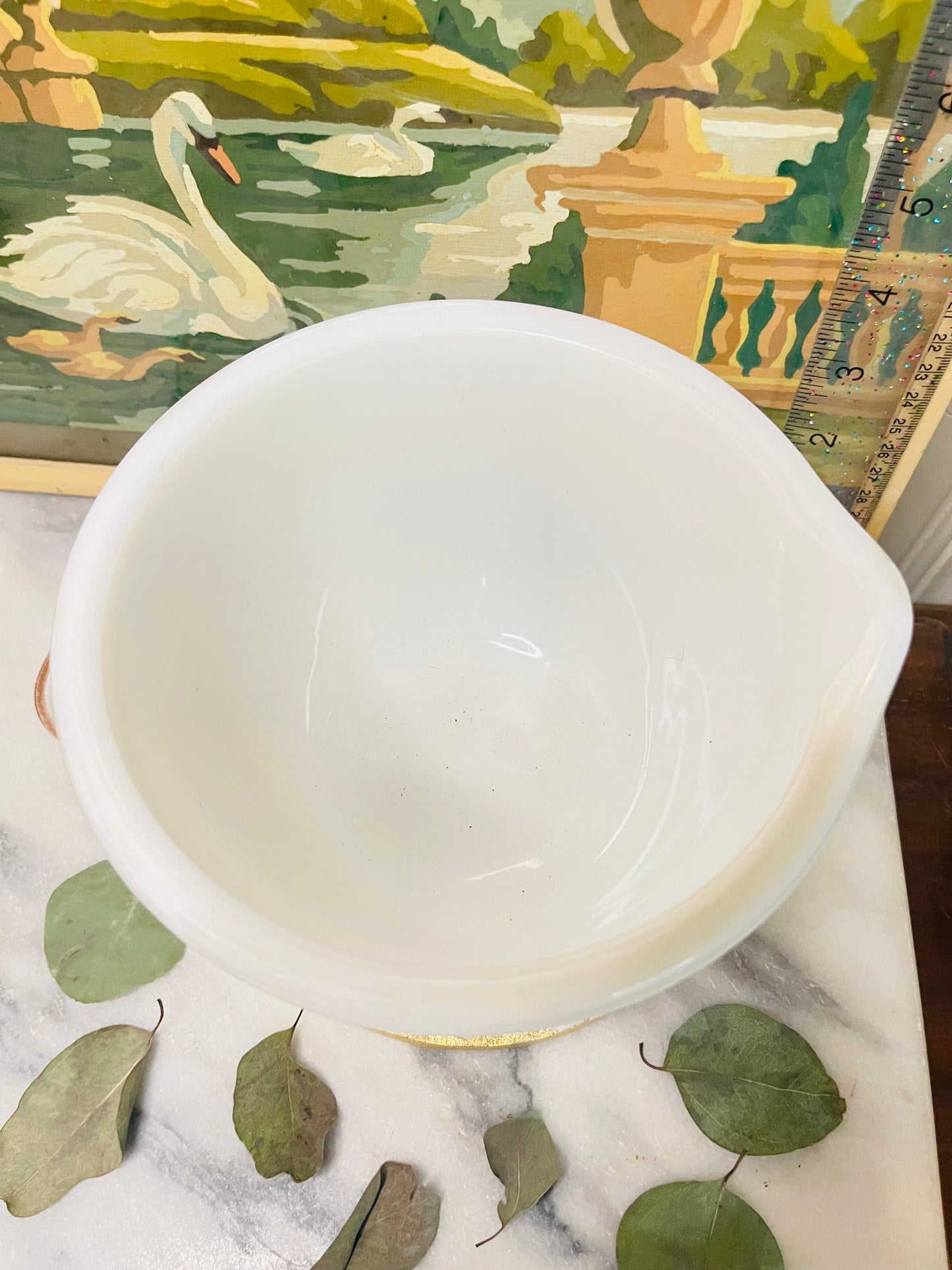 White Milk glass mixing bowl w spout small