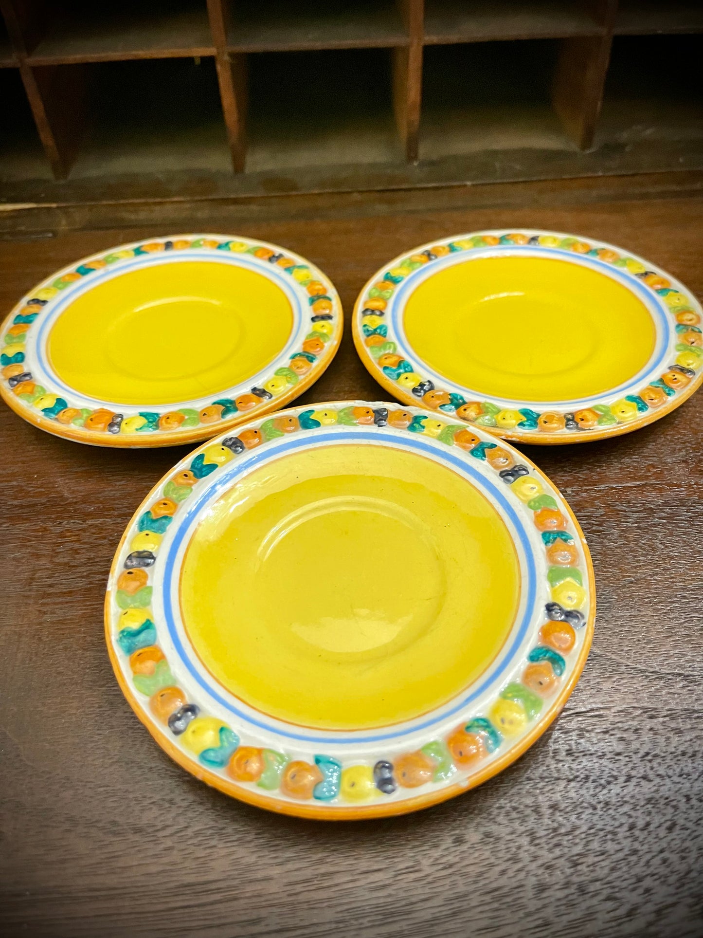 Set of 3 Hand-Painted Yellow Ceramic Coasters with Colorful Fruit Border