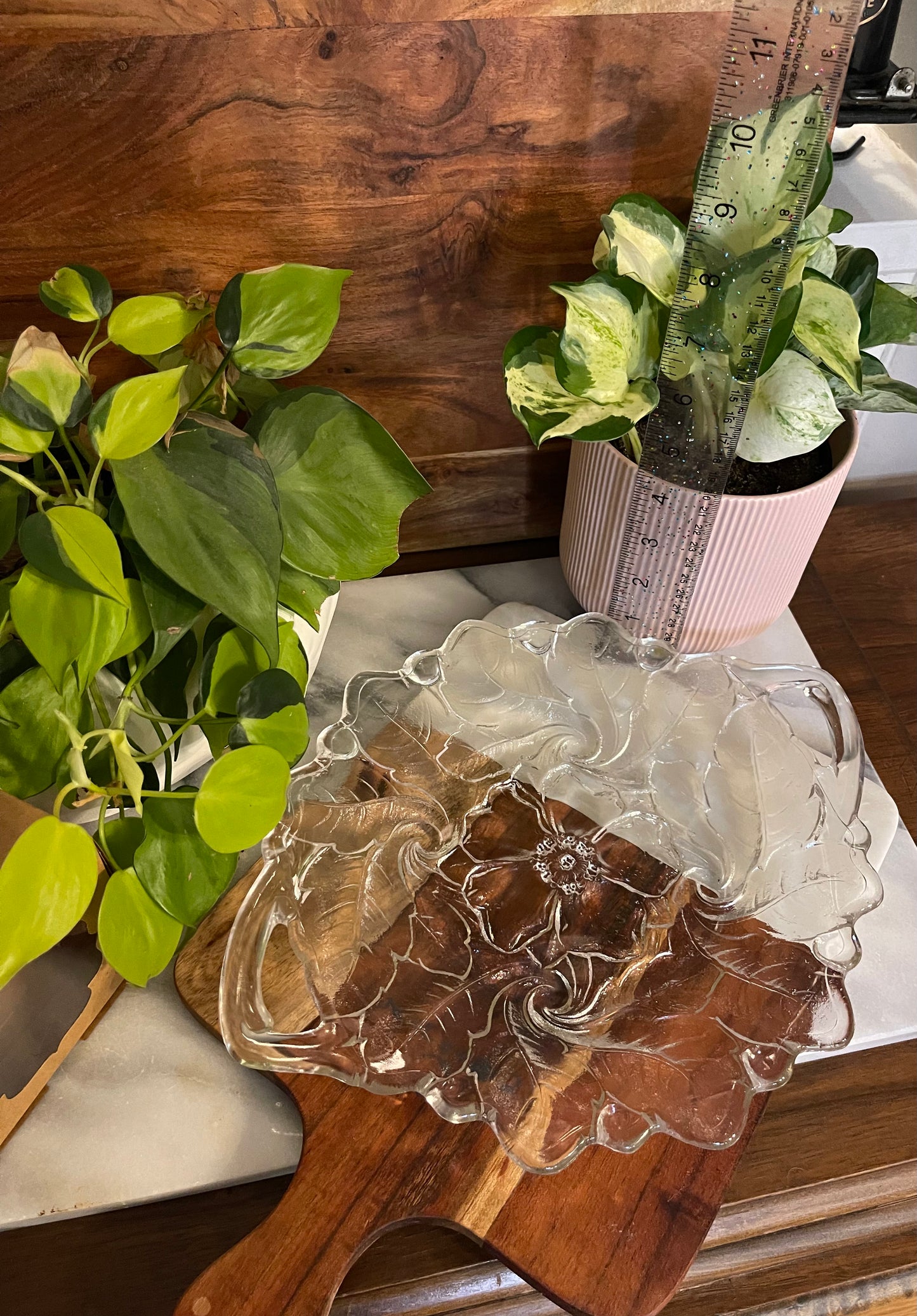 Indiana Glass Clear, Wild Rose Handled Platter  - Vintage Treasures1955