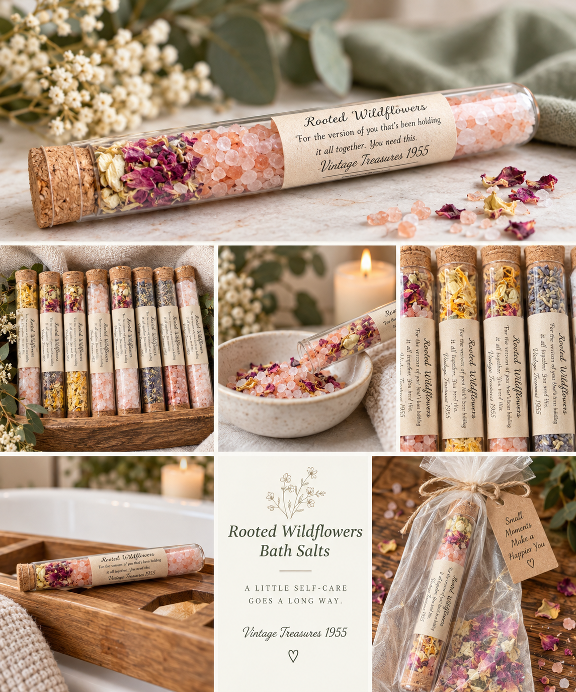 Styled collage of Rooted Wildflowers bath salts, floral details, spa setting and gifting ideas