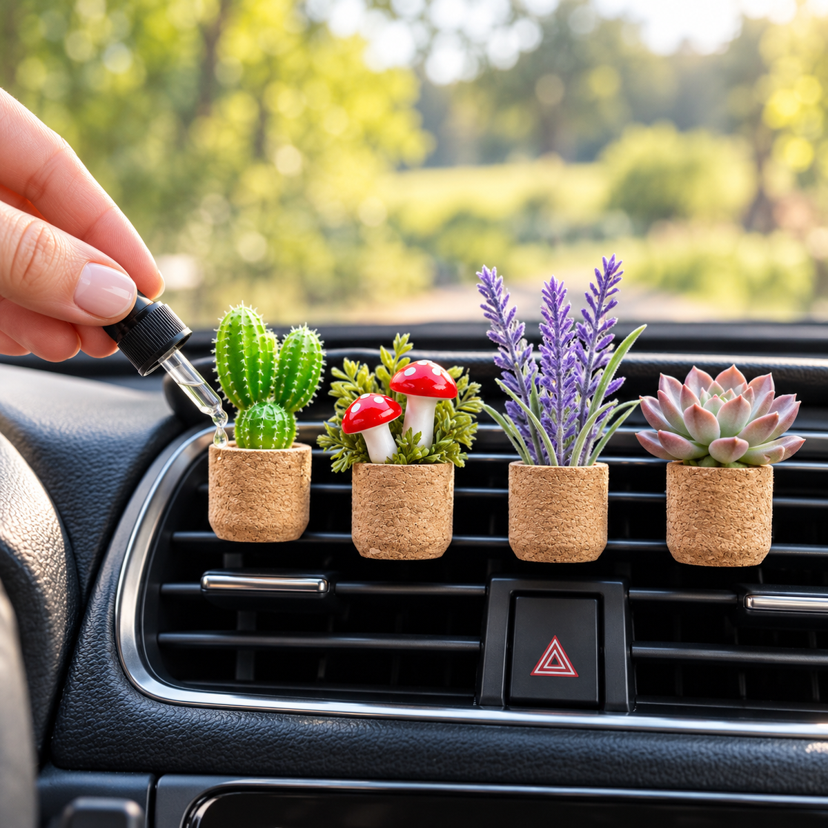 Cactus, mushroom, lavender and succulent car vent fresheners in cork pots, with a manicured hand adding fragrance oil.