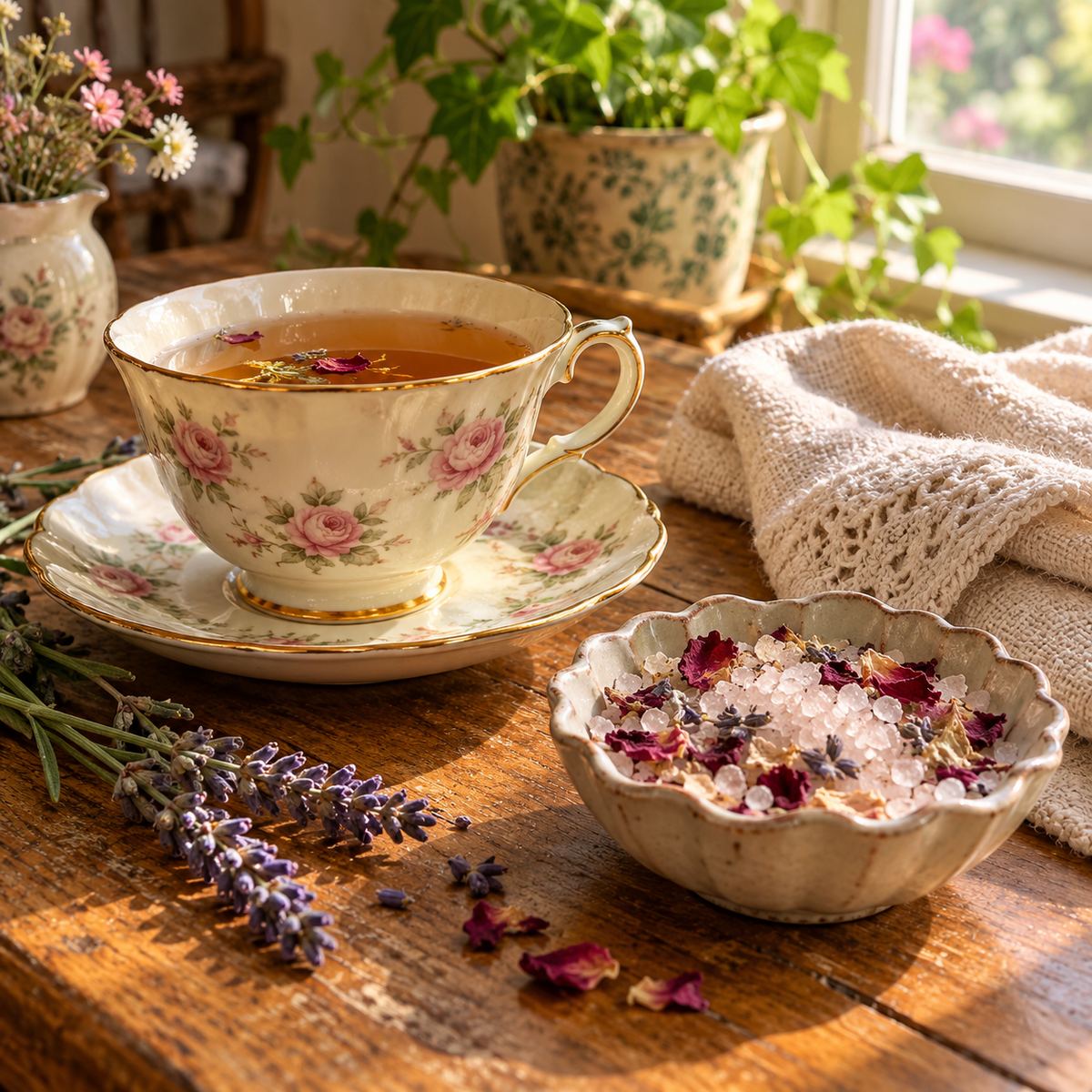 Vintage floral teacup, botanical bath salts, lavender and soft linen in warm window light.