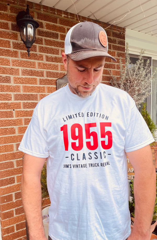 Limited time Jim‘s vintage truck rental T-shirt with Red 1955 and Navy lettering