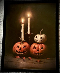 Glowing Harvest Delight: Jack-o'-Lanterns and Candlelight 12x16 Canvas Art