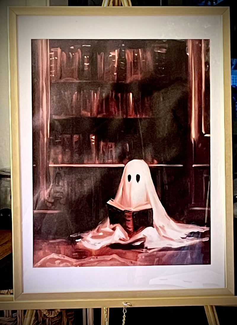 Ghostly Bookworm: Cozy Library 18x24 Canvas Art