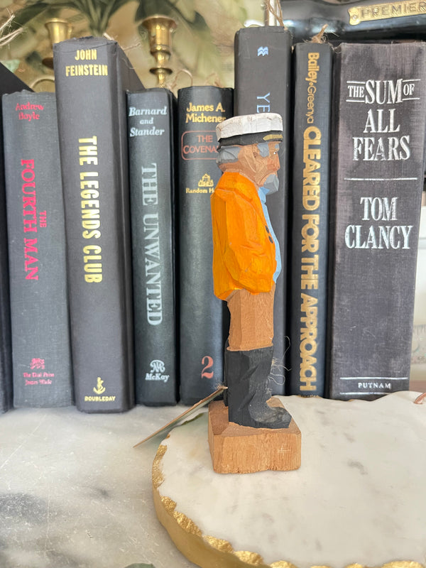 Sea Captain W Pipe  4 3/8" Figurine Hand Carved Wood Sailor - Nautical Decor