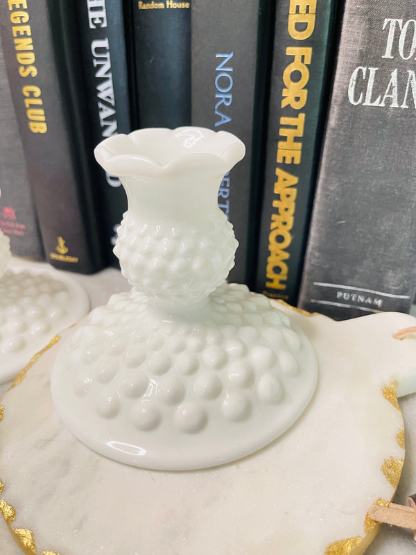 Vintage Fenton Hobnail Milk Glass Candlestick Holders, Set of 2