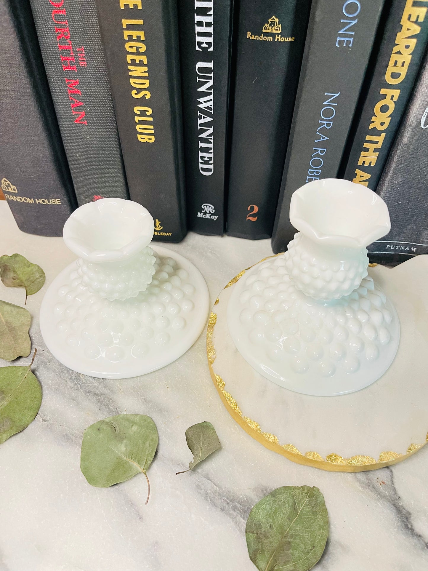 Vintage Fenton Hobnail Milk Glass Candlestick Holders, Set of 2