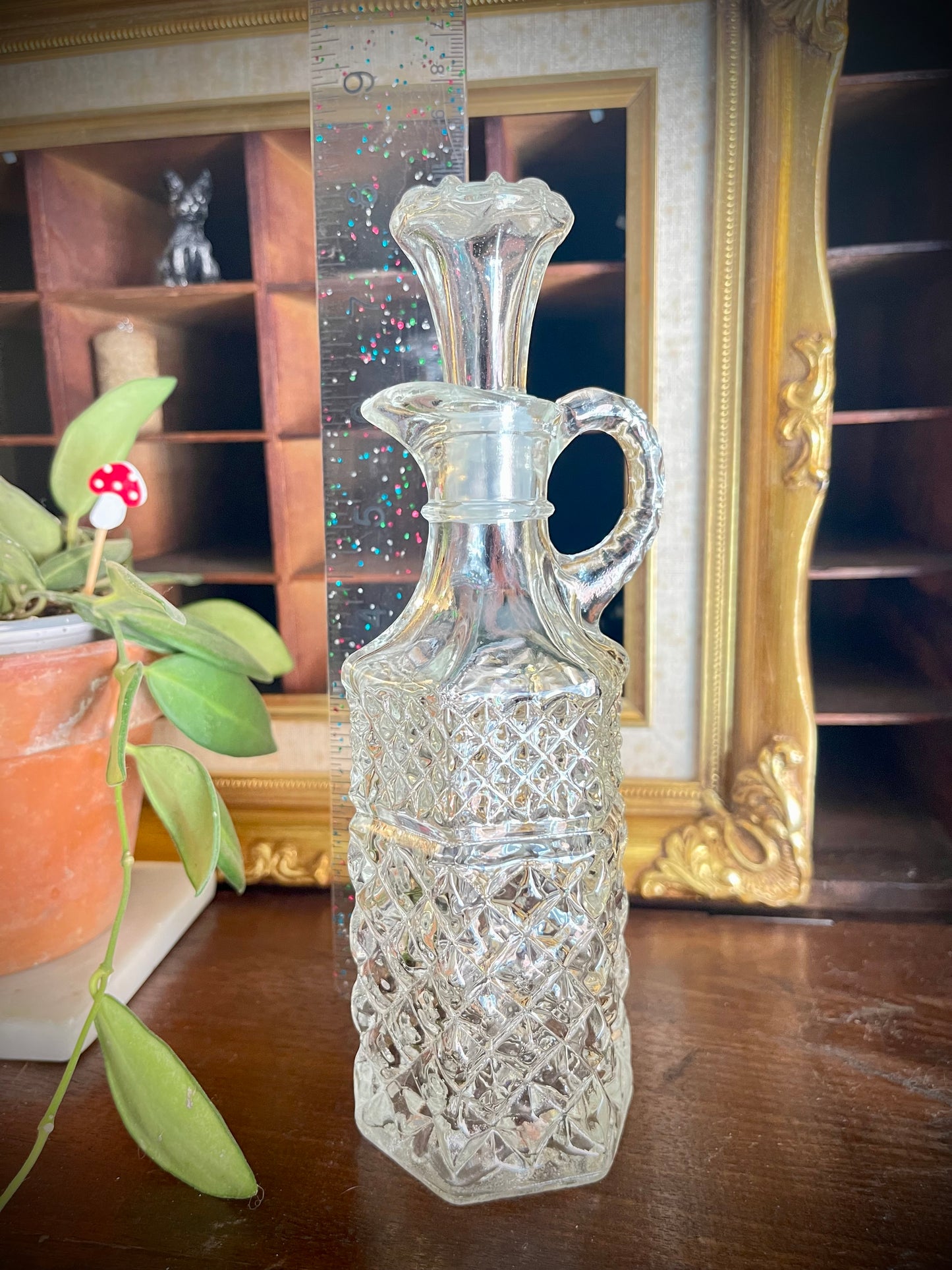 Vintage Pressed Crystal Cruet with Stopper | Diamond Pattern Glass
