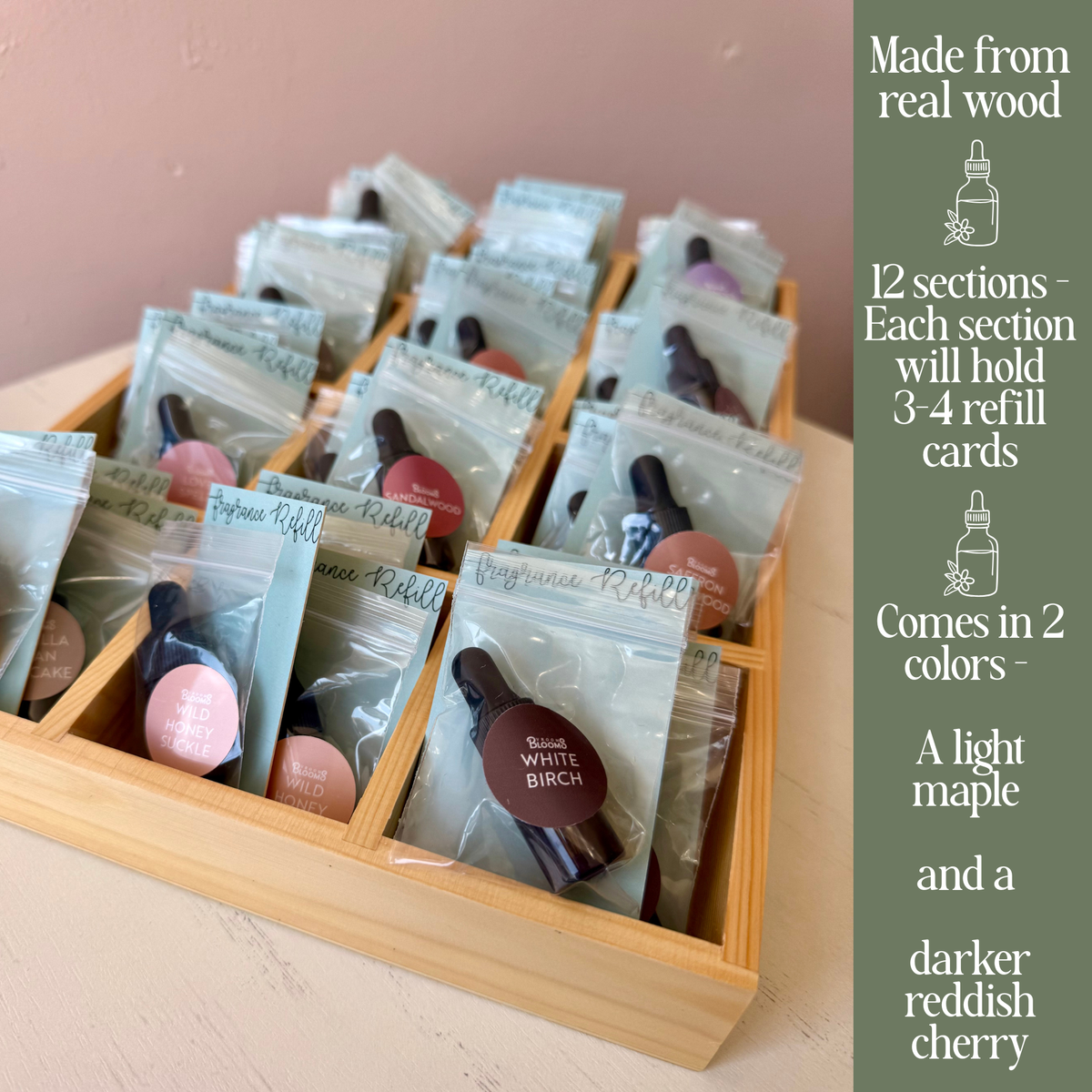 Fragrance Oil Scent Refill - Wood Tray - Holds 12 Options: Cherry (Dark) - includes 12 random refills (3 each)
