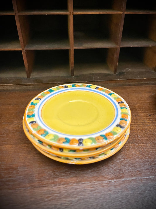 Set of 3 Hand-Painted Yellow Ceramic Coasters with Colorful Fruit Border