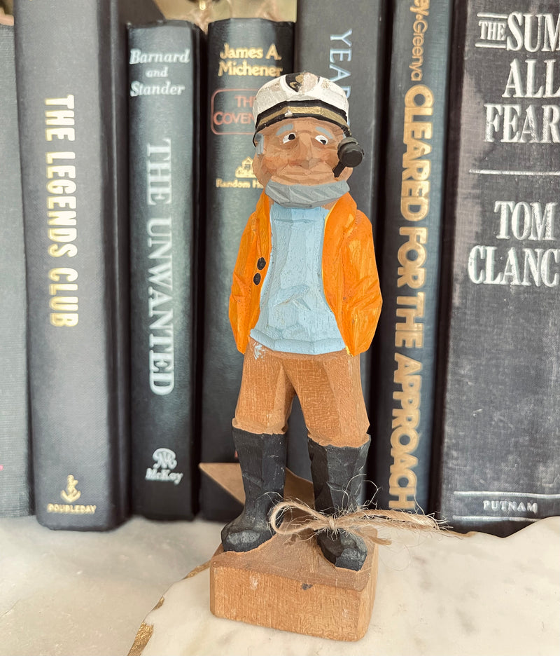 Sea Captain W Pipe  4 3/8" Figurine Hand Carved Wood Sailor - Nautical Decor