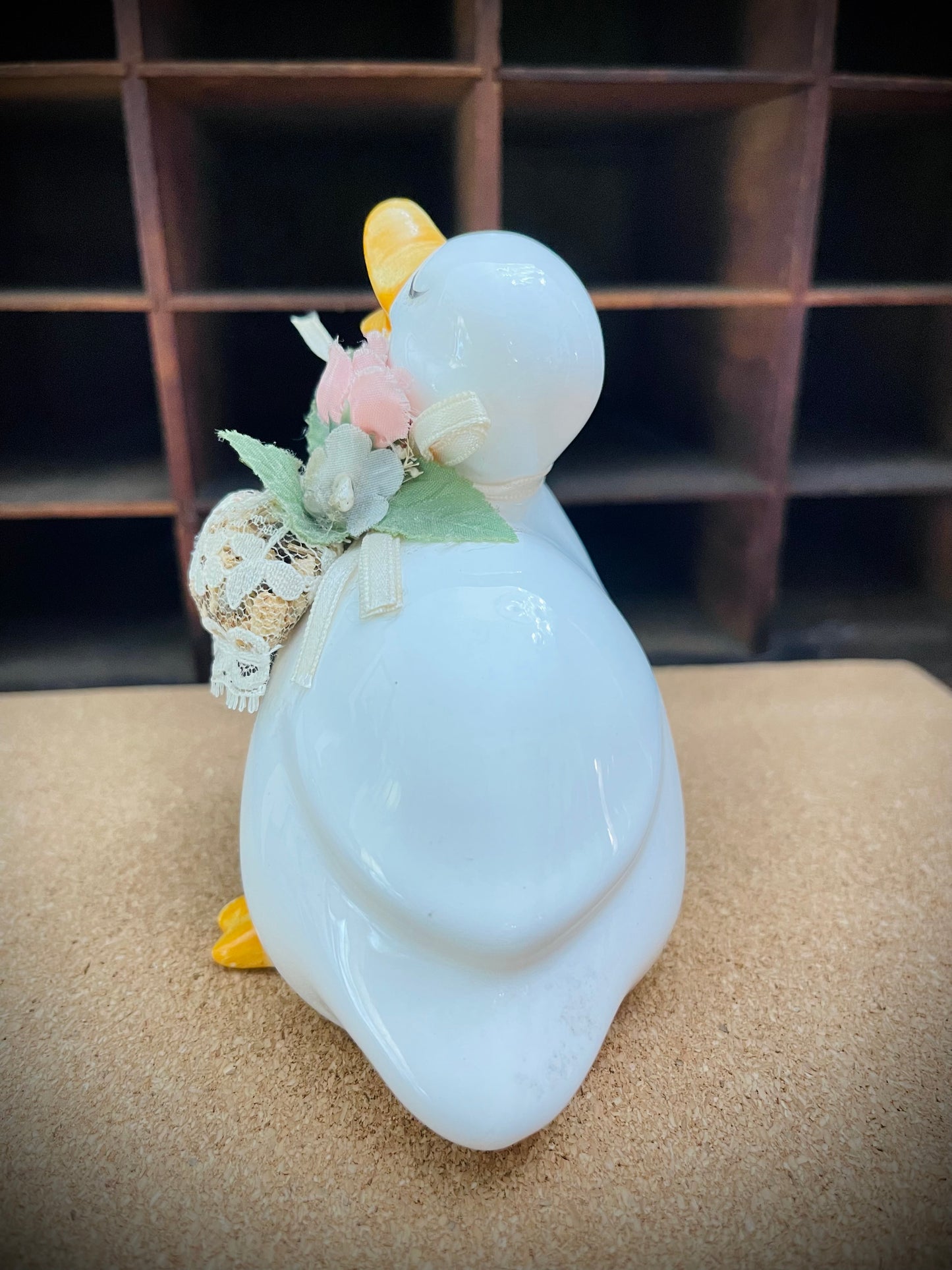 Charming Vintage Duck Figurine with Lace and Floral Accents