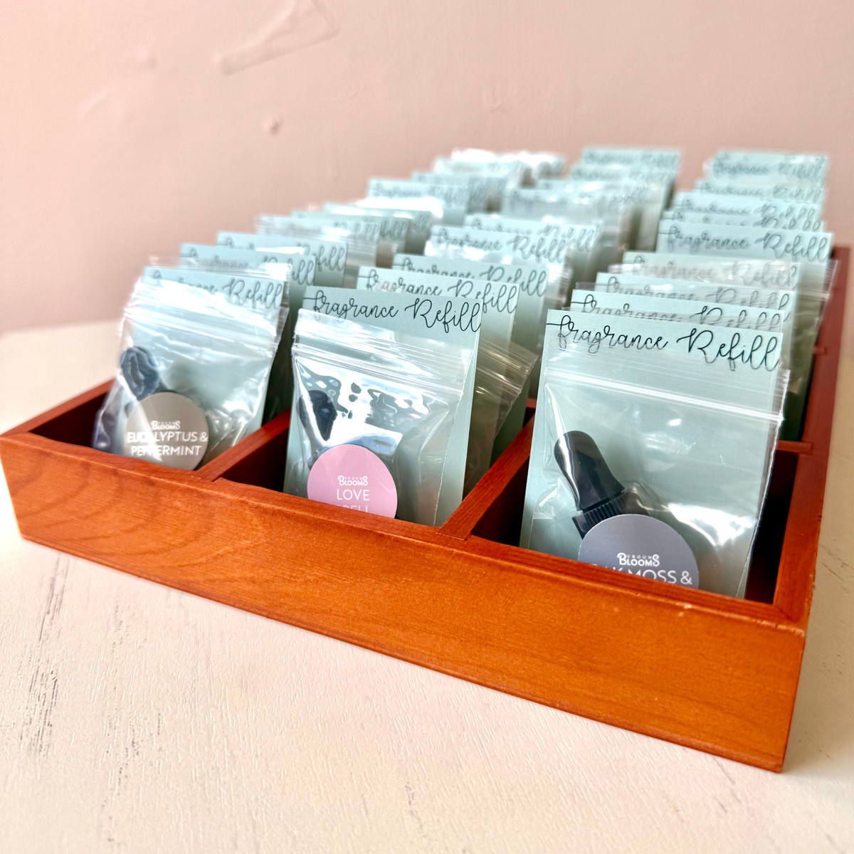 Fragrance Oil Scent Refill - Wood Tray - Holds 12 Options: Cherry (Dark) - includes 12 random refills (3 each)