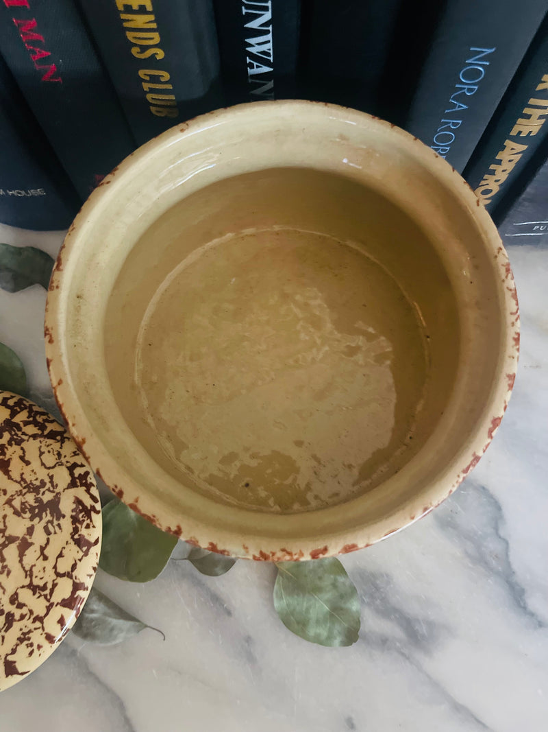 Brown and tan pottery with lid