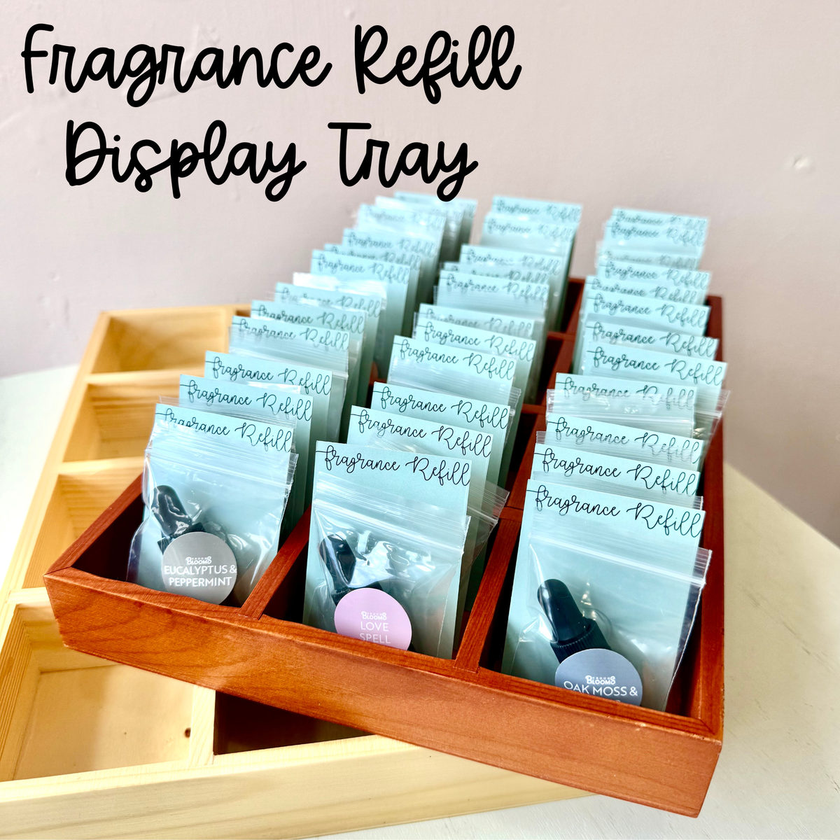 Fragrance Oil Scent Refill - Wood Tray - Holds 12 Options: Cherry (Dark) - includes 12 random refills (3 each)