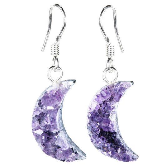 STERLING SILVER AND AMETHYST DRUZY SMALL MOON EARRINGS