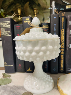 VTG Fenton White Hobnail Milk Glass Covered 8.75" Compote Candy Dish on Pedestal ( Heavy )