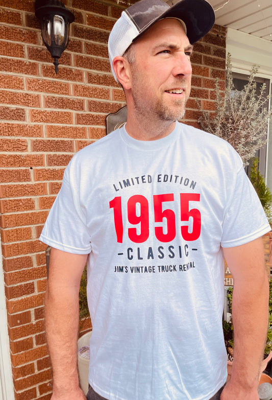 Limited time Jim‘s vintage truck rental T-shirt with Red 1955 and Navy lettering