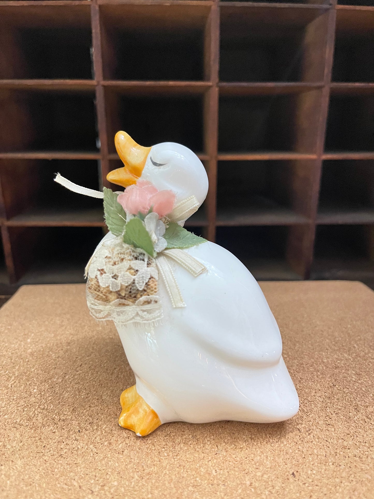 Charming Vintage Duck Figurine with Lace and Floral Accents