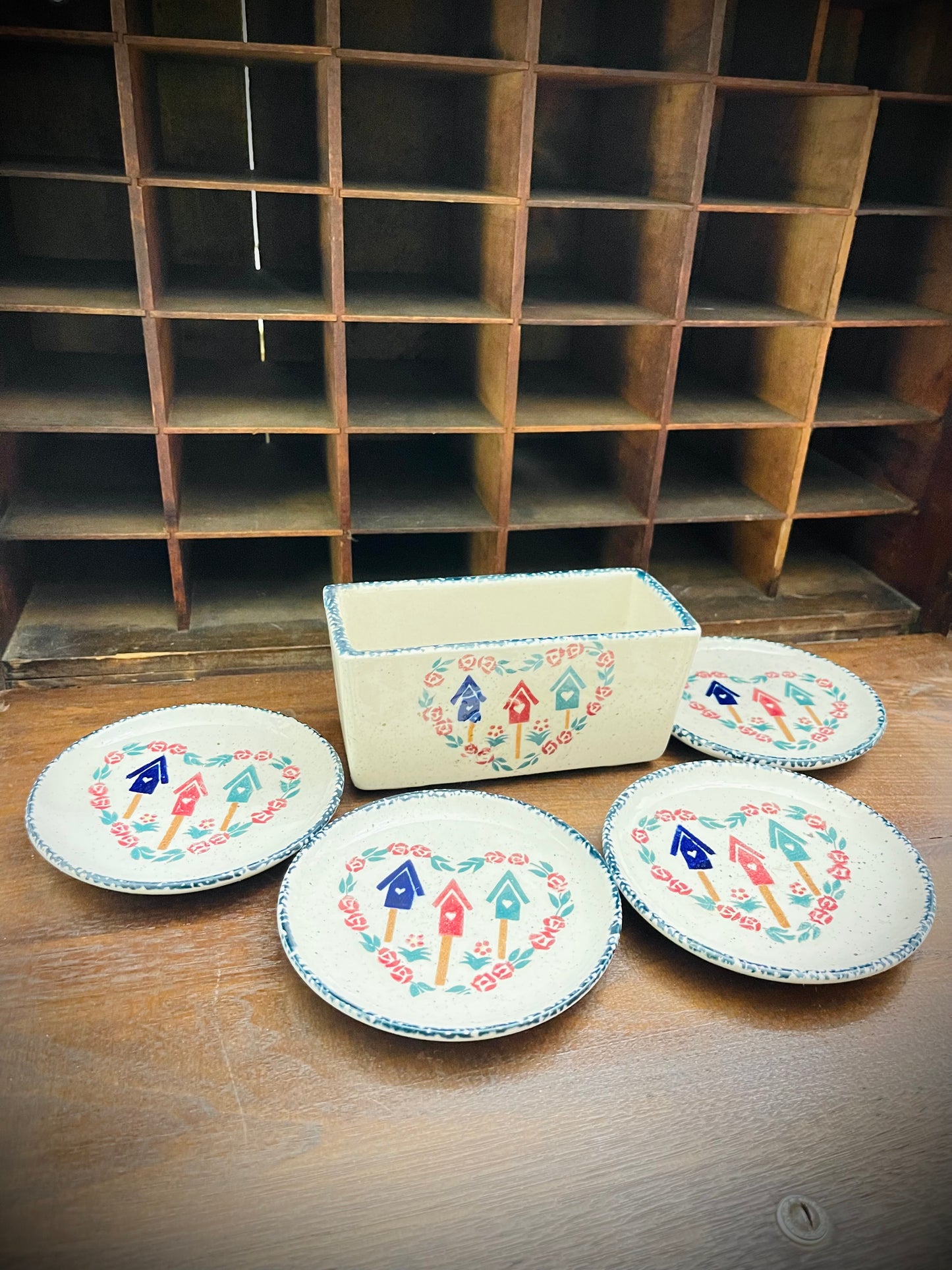 Vintage Birdhouse Coaster Set with Holder - 1980s Folk Art Style