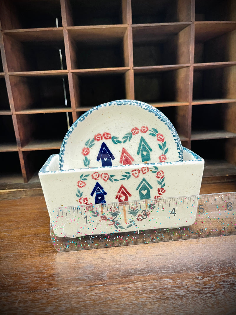 Vintage Birdhouse Coaster Set with Holder - 1980s Folk Art Style