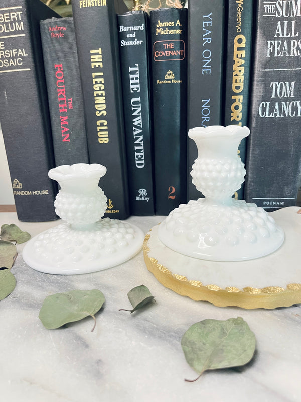 Vintage Fenton Hobnail Milk Glass Candlestick Holders, Set of 2