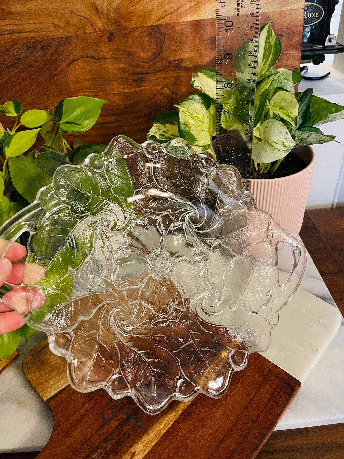 Indiana Glass Clear, Wild Rose Handled Platter ￼ - Vintage Treasures1955