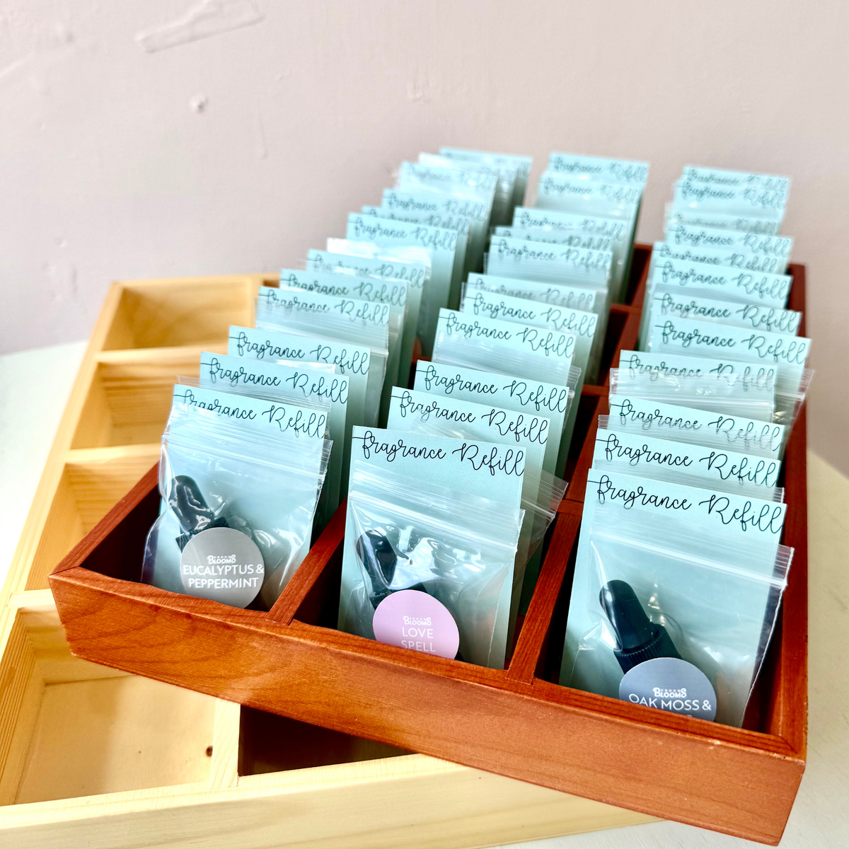 Fragrance Oil Scent Refill - Wood Tray - Holds 12 Options: Cherry (Dark) - includes 12 random refills (3 each)