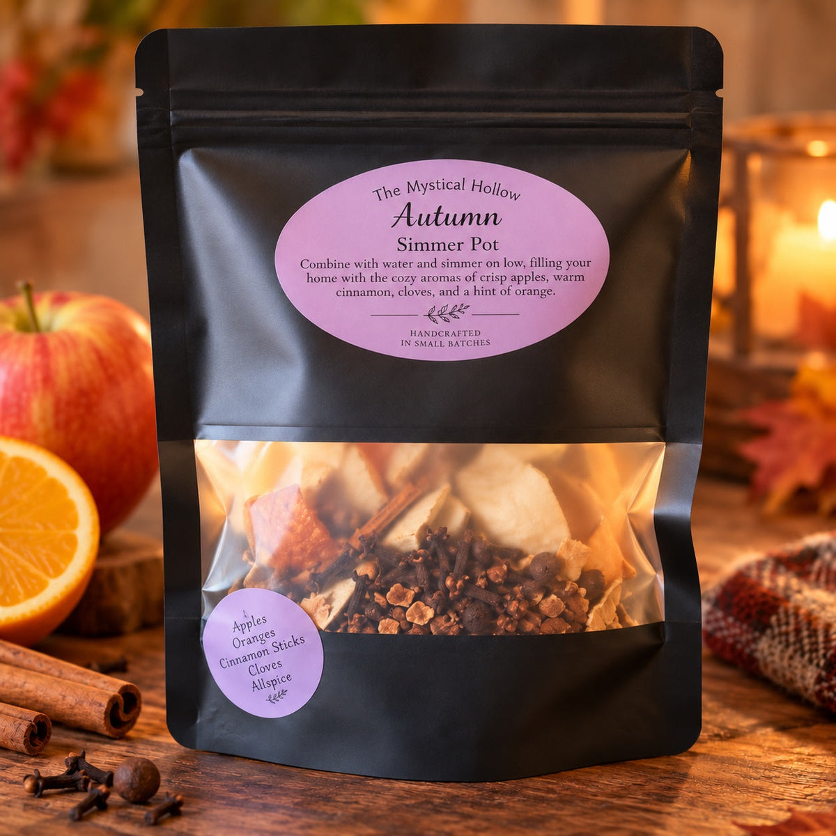 The Mystical Hollow Autumn Simmer Pot Kit with its sealed bag on a scent-inspired background