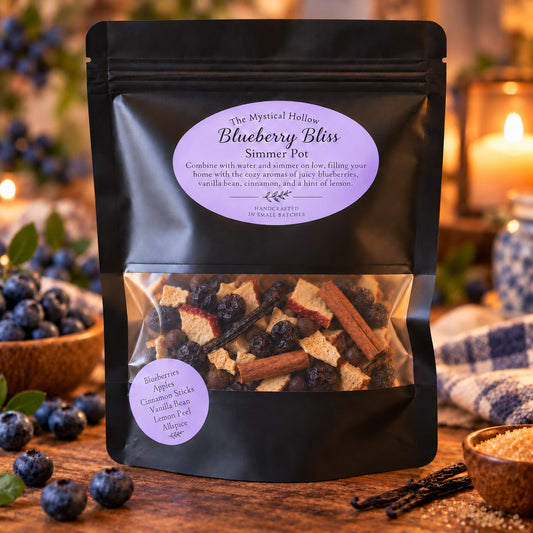 The Mystical Hollow Blueberry Bliss Simmer Pot Kit with its sealed bag on a scent-inspired background
