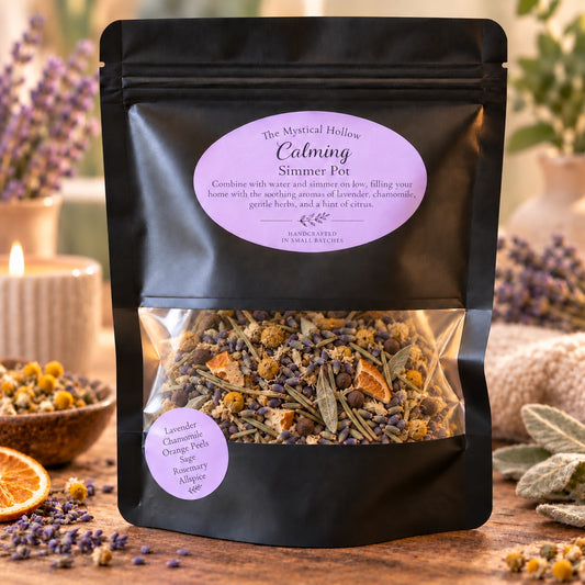The Mystical Hollow Calming Simmer Pot Kit with its sealed bag on a scent-inspired background
