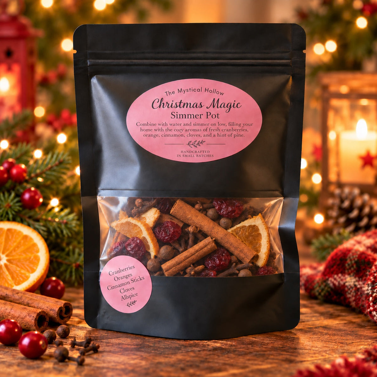 The Mystical Hollow Christmas Magic Simmer Pot Kit with its sealed bag on a scent-inspired background