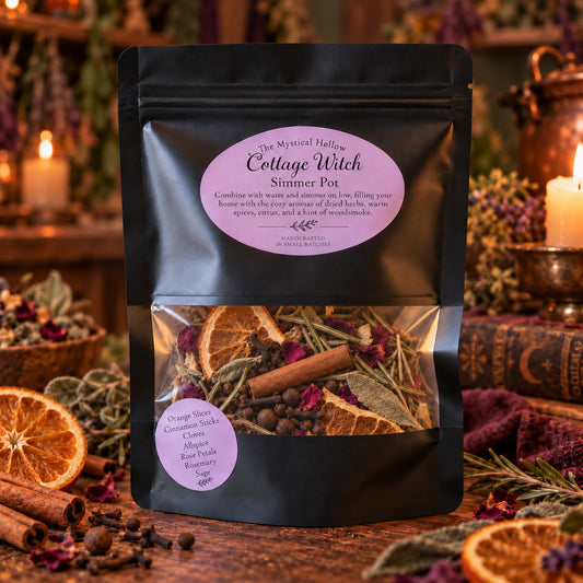 The Mystical Hollow Cottage Witch Simmer Pot Kit with its sealed bag on a scent-inspired background