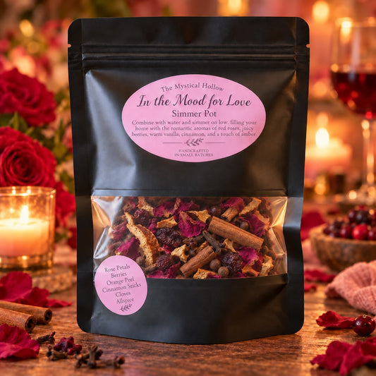 The Mystical Hollow In the Mood for Love Simmer Pot Kit with its sealed bag on a scent-inspired background