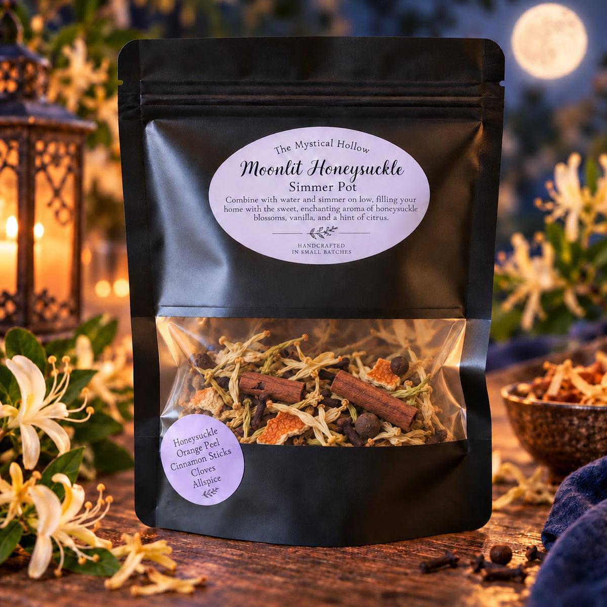 The Mystical Hollow Moonlit Honeysuckle Simmer Pot Kit with its sealed bag on a scent-inspired background