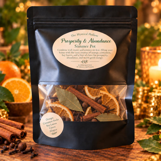 The Mystical Hollow Prosperity & Abundance Simmer Pot Kit with its sealed bag on a scent-inspired background