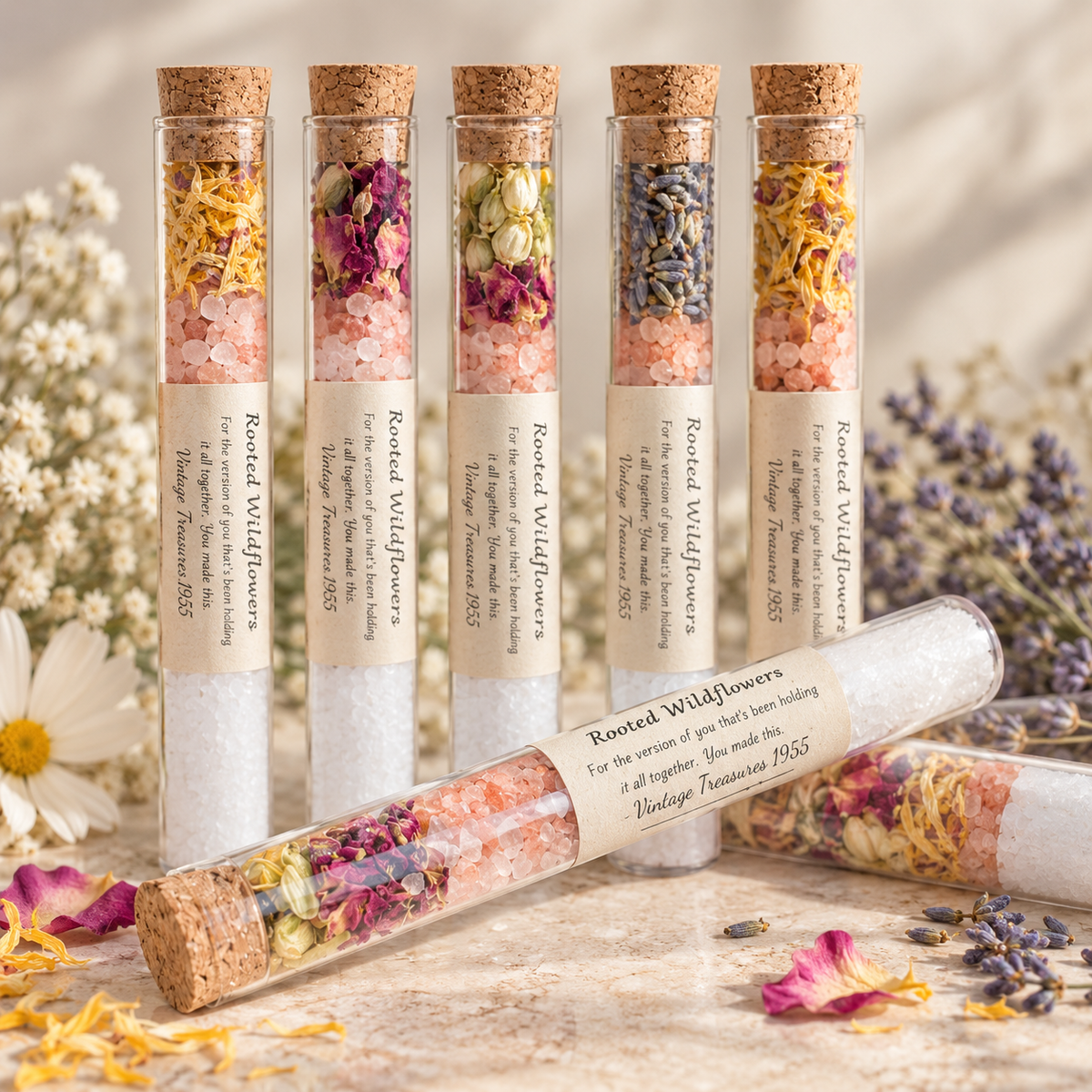 Styled display of Rooted Wildflowers bath salt tubes with corks and dried botanicals