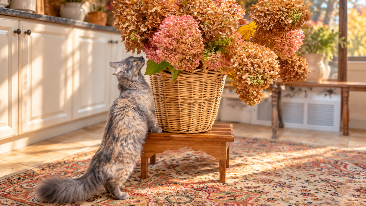 Gray cat admiring dried pink and golden hydrangeas in a wicker basket on a vintage rug, cozy autumn home scene