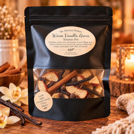 The Mystical Hollow Warm Vanilla Grove Simmer Pot Kit with its sealed bag on a scent-inspired background