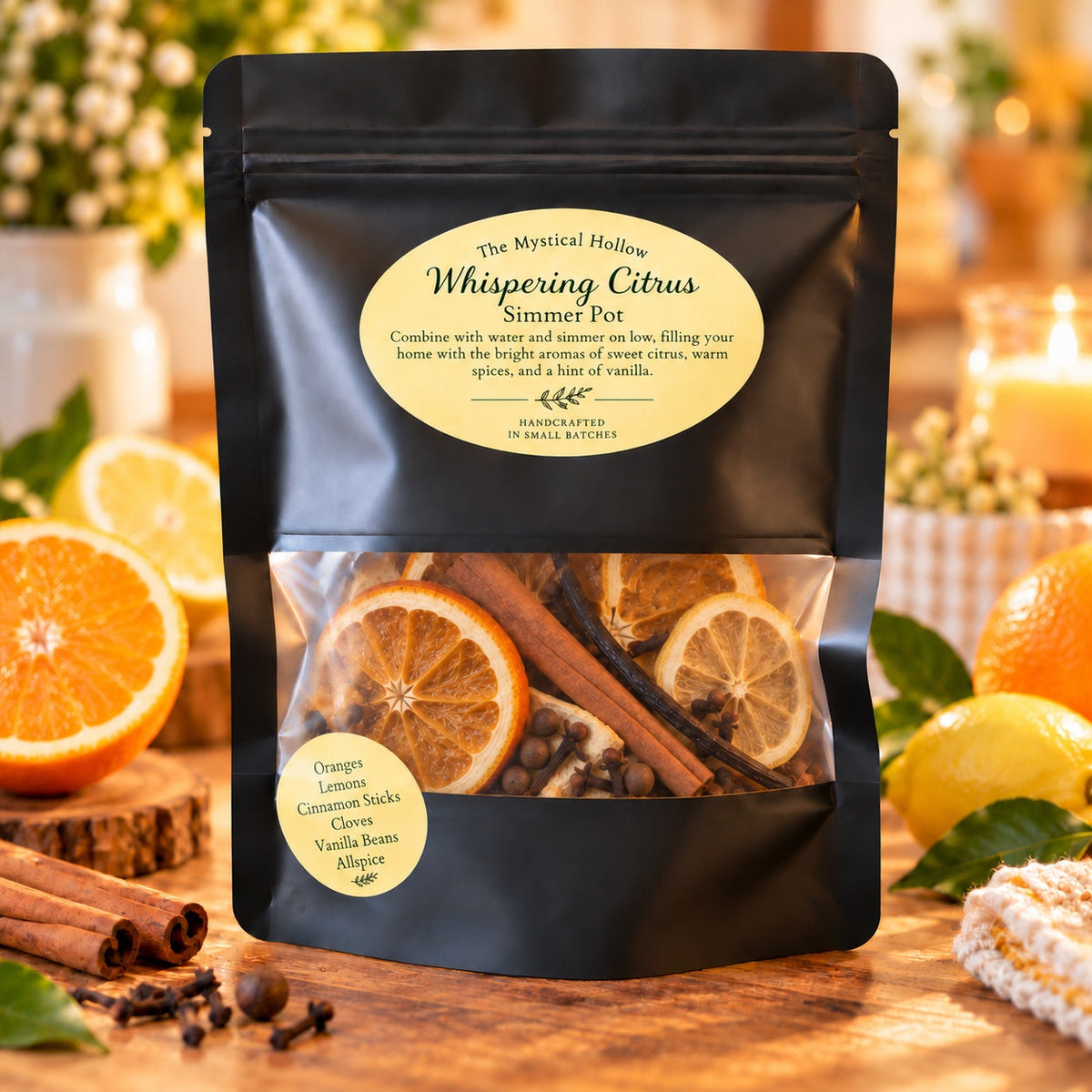 The Mystical Hollow Whispering Citrus Simmer Pot Kit with its sealed bag on a scent-inspired background